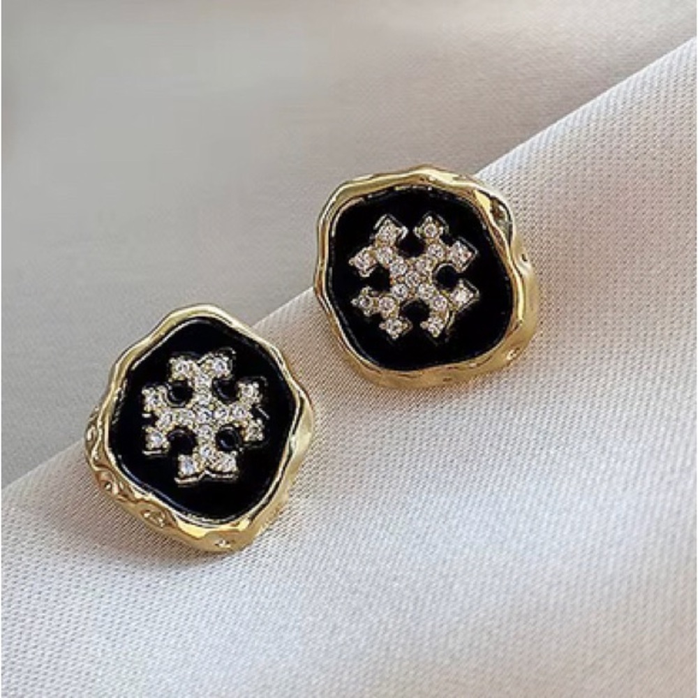 Elegant Black and Gold Crystal Snowflake Tory Stud Earrings - Women Jewelry